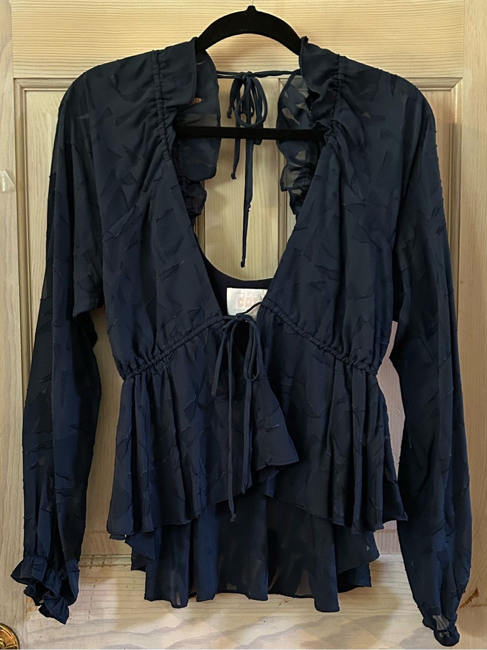 Stone Cold Fox Sheer Blouse with Textured Detailing in Navy Blue. Women’s Size 3